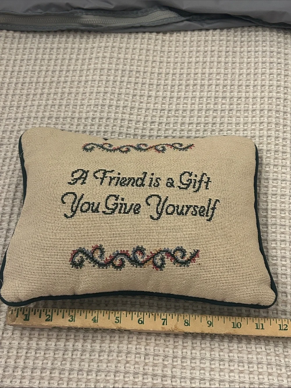 Embroidered 'A Friend is a Gift' Decorative Pillow - Cream with Green Accents